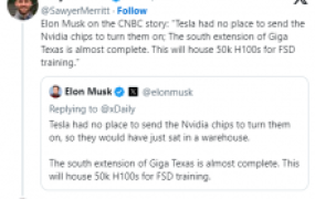 外媒称特斯拉AI芯片采购计划夸大其词 马斯克:将全部用于FSD的训练