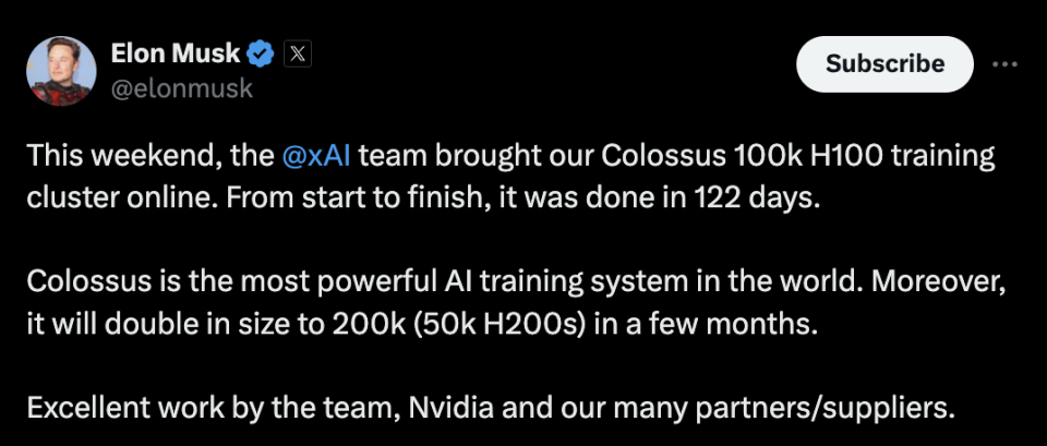 马斯克宣布全球最强AI训练集群启动，计划新增10万颗GPU