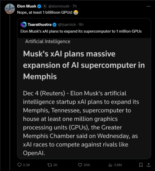 马斯克：Colossus AI超算集群目标不止100万GPU，至少要10亿个！
