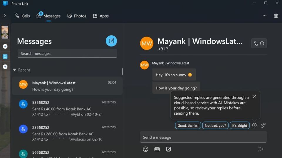 微软升级Win11版Phone Link，实现PC端智能回复安卓短信