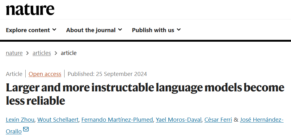 Nature论文揭示:AI模型规模越大,可靠性下降越明显 Nature论文揭示:AI模型规模越大,可靠性下降越明显