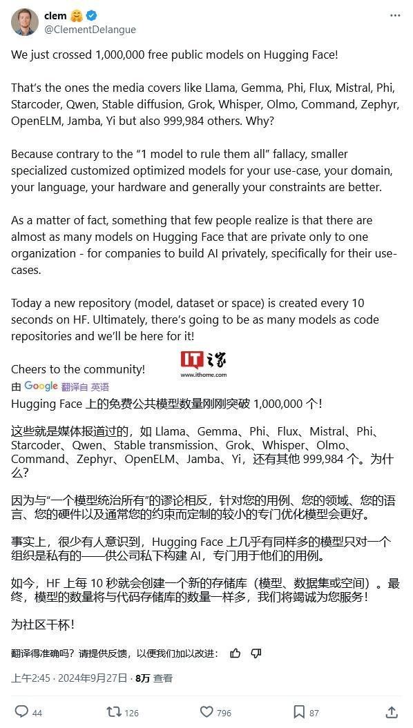 Hugging Face 平台模型托管突破百万，见证 AI 产业蓬勃发展