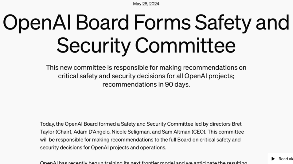 OpenAI成立安全安保委员会，推动大模型加速商业化