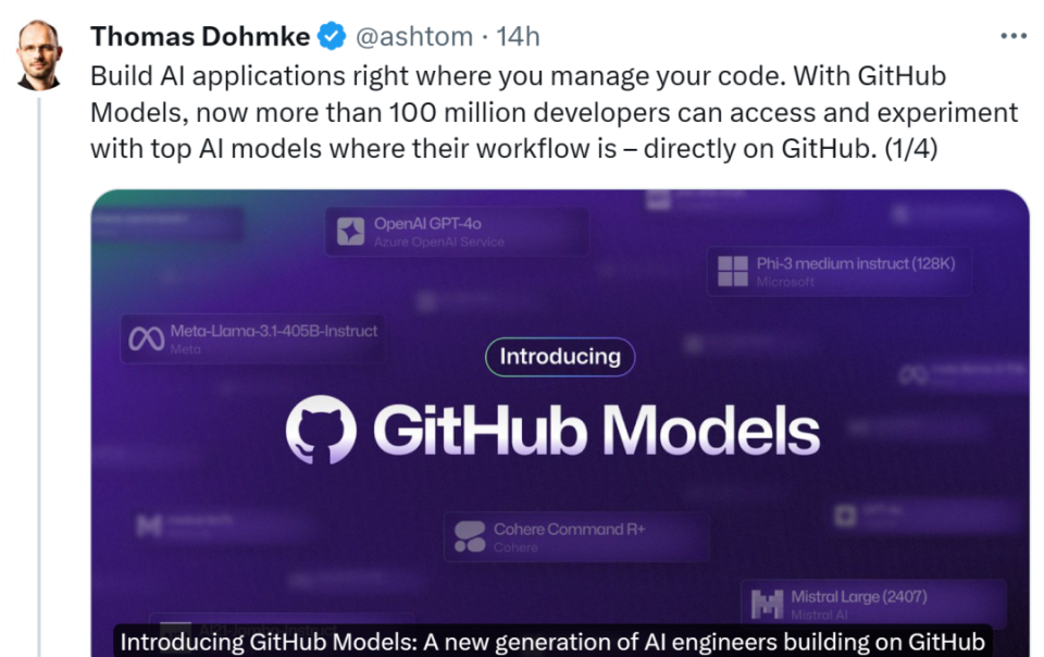 GitHub超1亿开发者现可直接使用全球顶级大模型打造AI应用